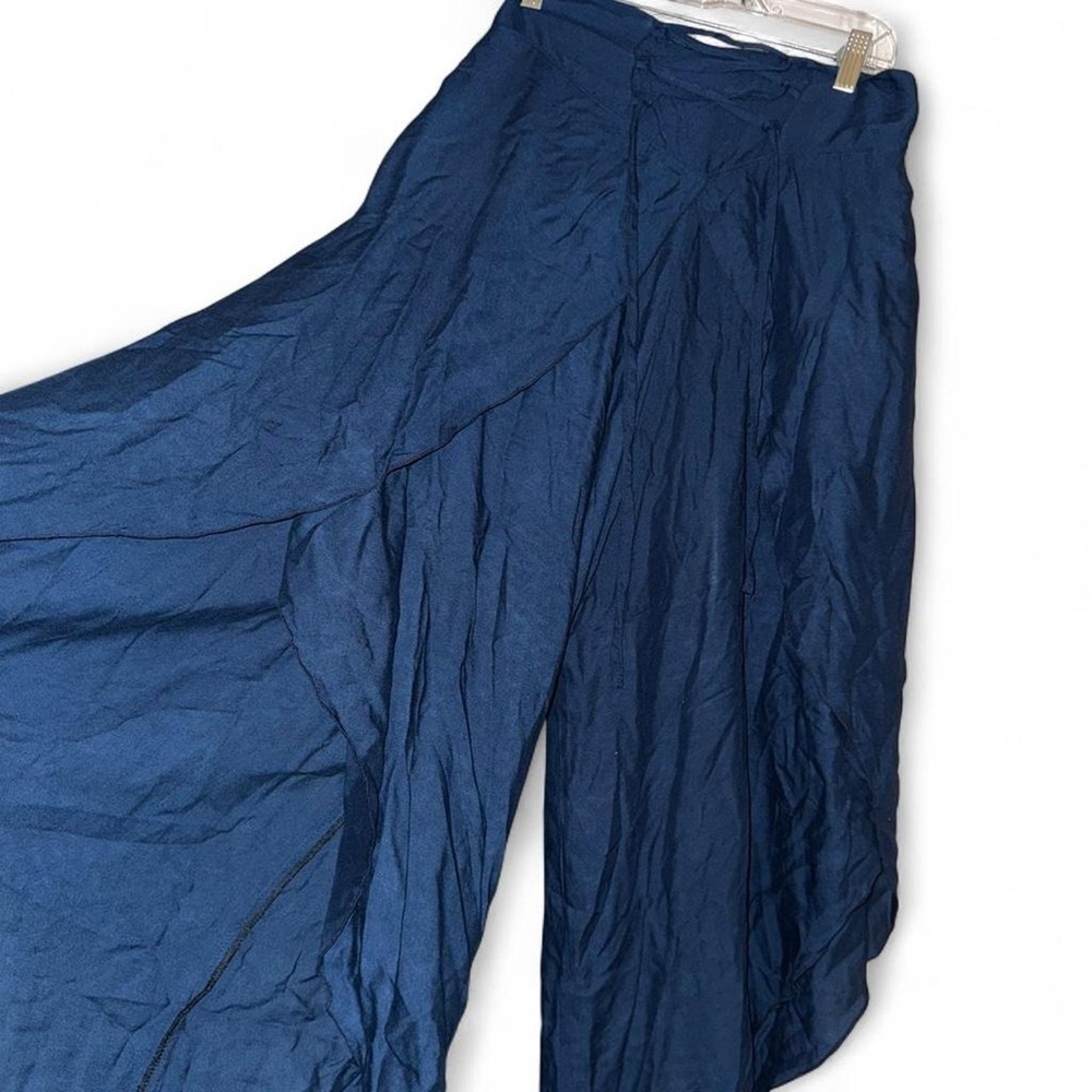Blue handmade flowy Gauchos with lace up waist tie asymmetrical hem.